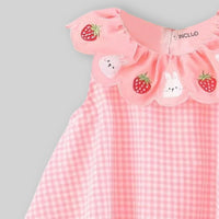 Girls Pink Checked Embroidered Ruffle Collar Sleeveless A-line Dress Casual Dresses