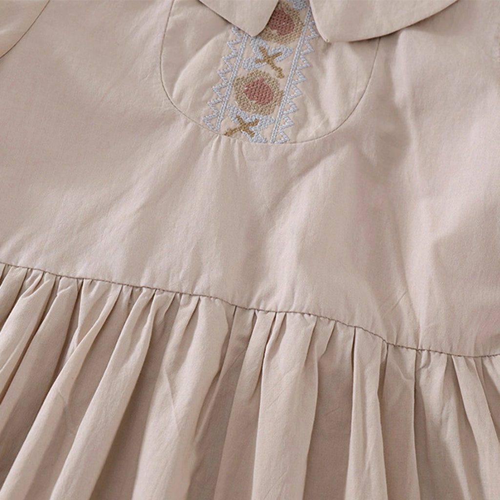 Girls Khaki Embroidered Short Sleeve Fit And Flare Dress Casual Dresses