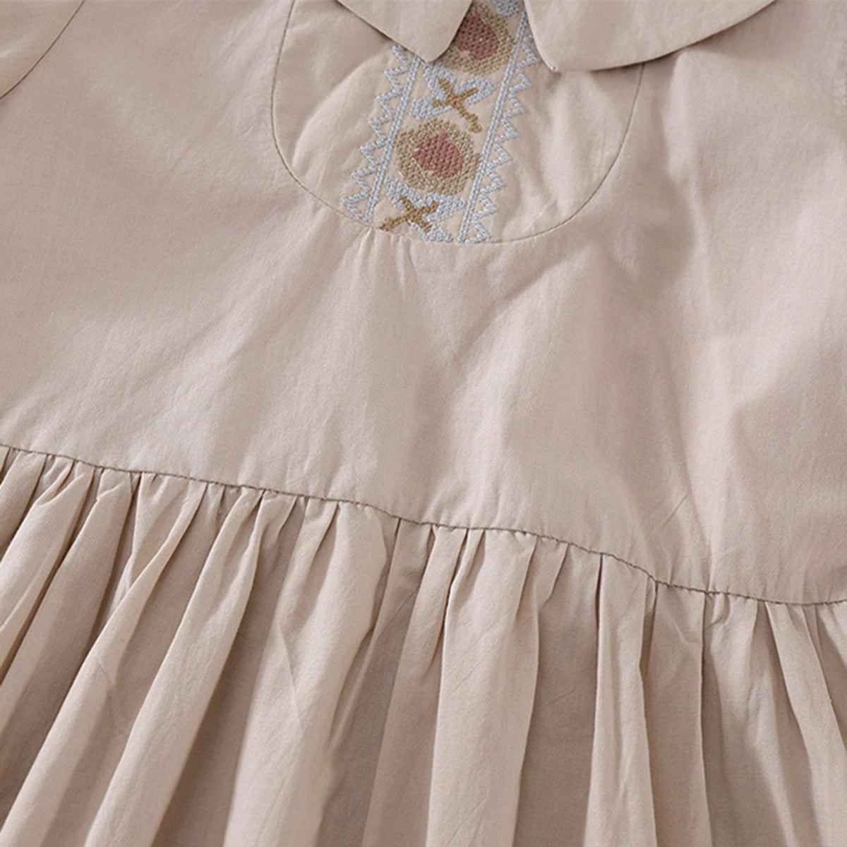 Girls Khaki Embroidered Short Sleeve Fit And Flare Dress Casual Dresses