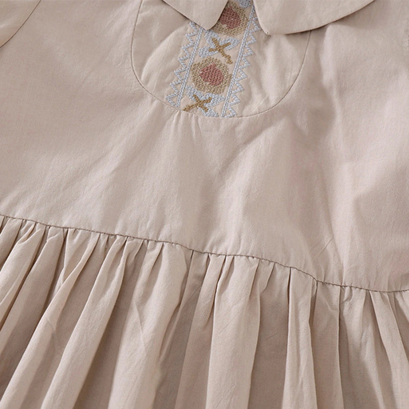 Girls Khaki Embroidered Short Sleeve Fit And Flare Dress Casual Dresses