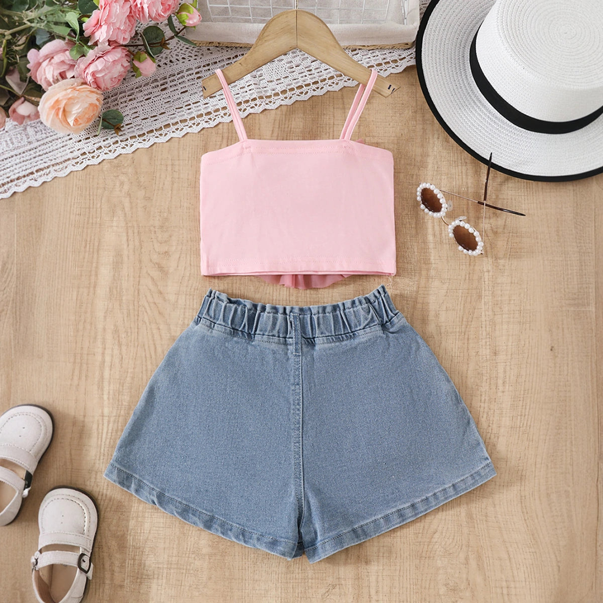 Girls Pink Large Flower Applique Crop Top With Denim Shorts Set Sets