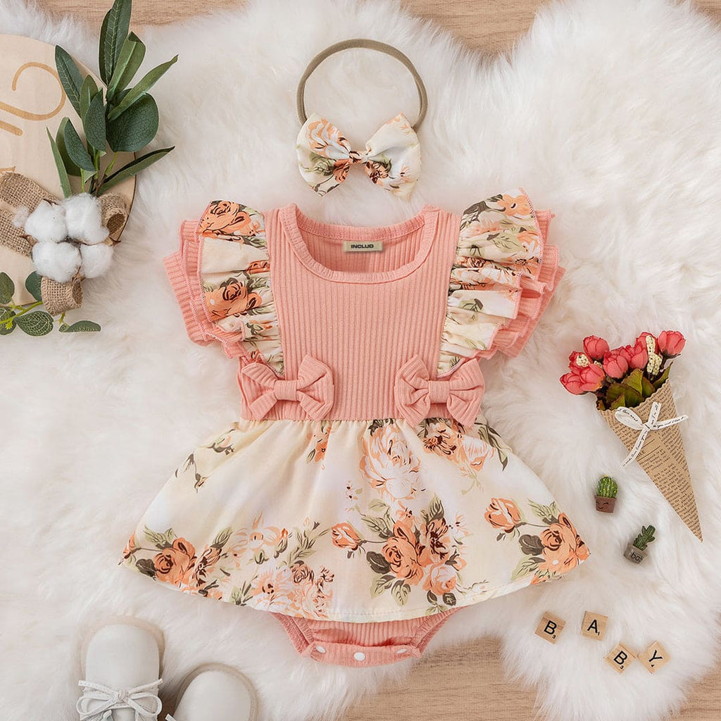 Girls Floral Print Short Sleeves Bodysuit Dress Casual Dresses Pink 1-2 Y 