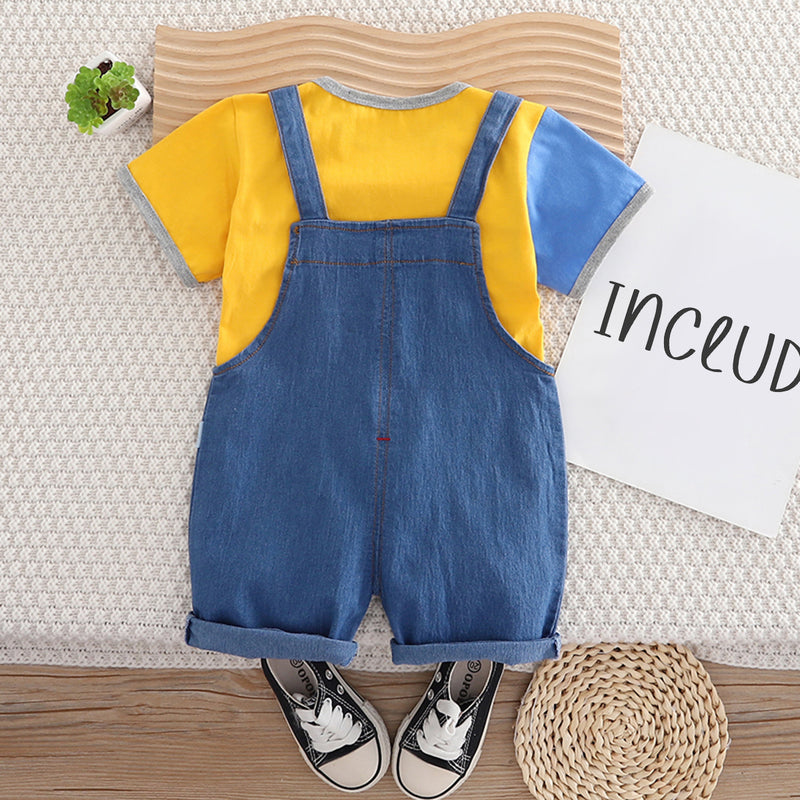Boys Yellow Short Sleeves Round Neck T-Shirt With Denim Dungaree Set 2 pc. Sets