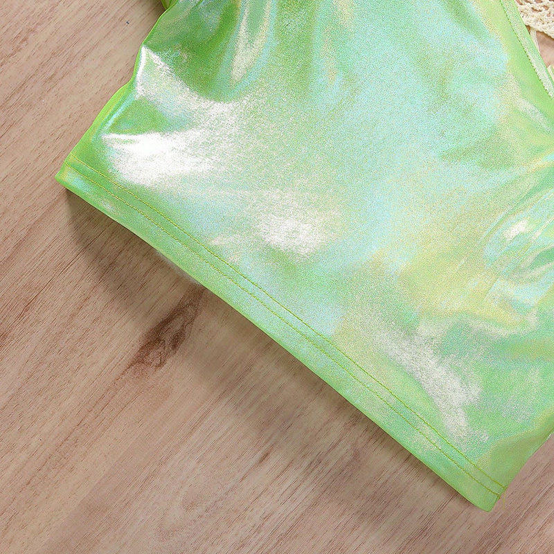 Girls Green Holographic One-Shoulder Crop Top with Shorts Set Sets