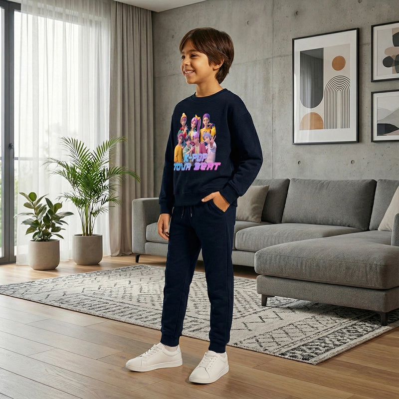 Boys Navy Blue K-Pop Nova Beat Graphics Sweatshirt With Jogger Co-ord Sets Sets