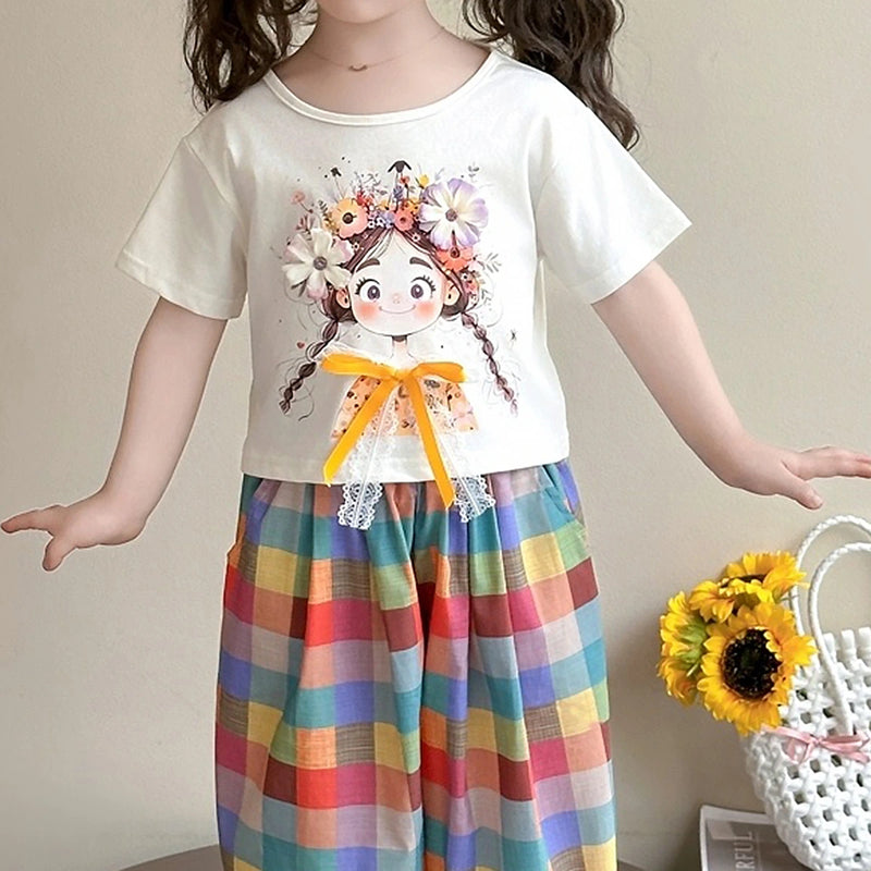 Girls White Graphic T-Shirt With Checked Pants Sets Sets