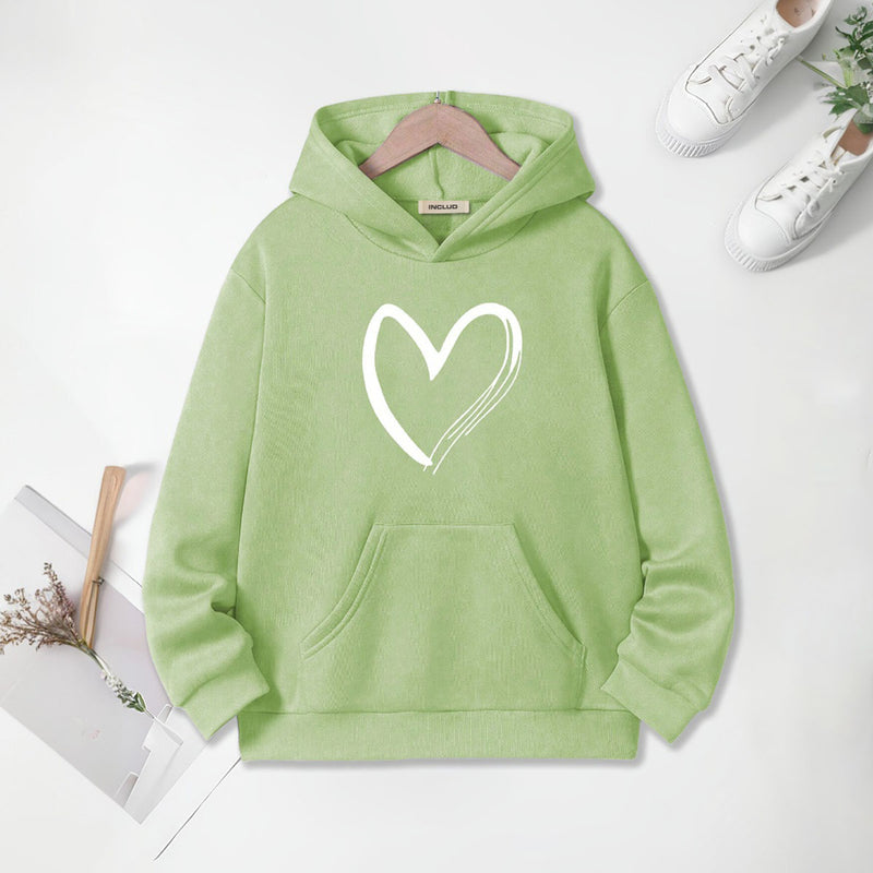 Girls Light Green Heart Printed Hooded Sweatshirt Sweatshirts & Hoodies Light Green 7-8 Y