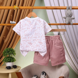 Boys Brown Typographic Printed Short Sleeve T-Shirt With Elasticated Shorts Sets 2 pc. Sets