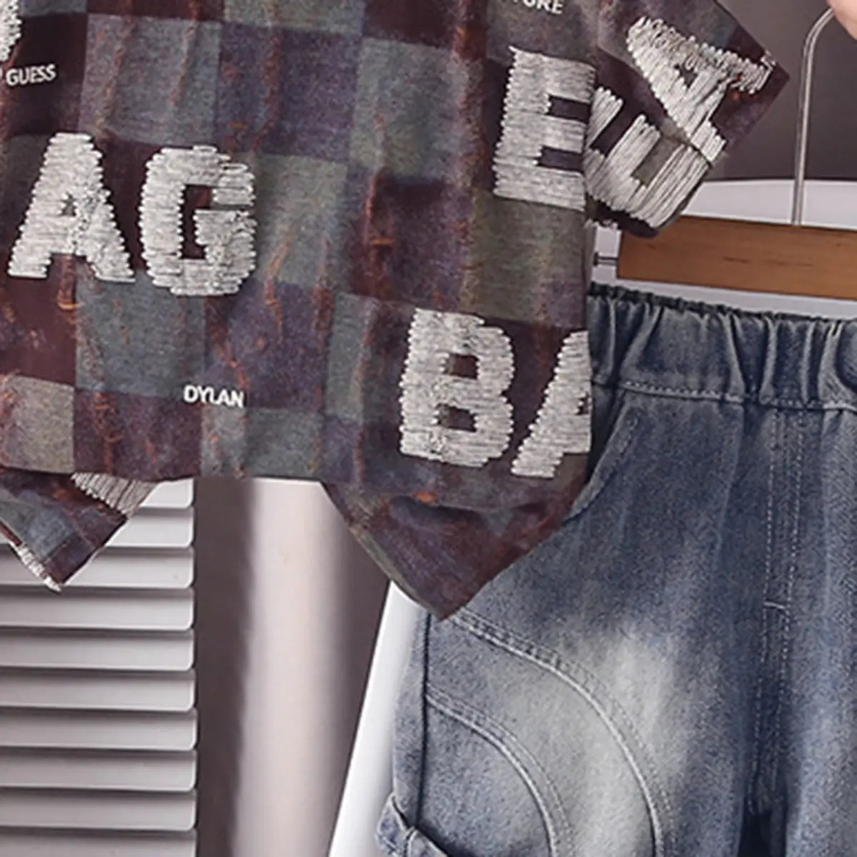 Boys Brown Typographic Printed Short Sleeves T-Shirt With Denim Shorts Sets 2 pc. Sets