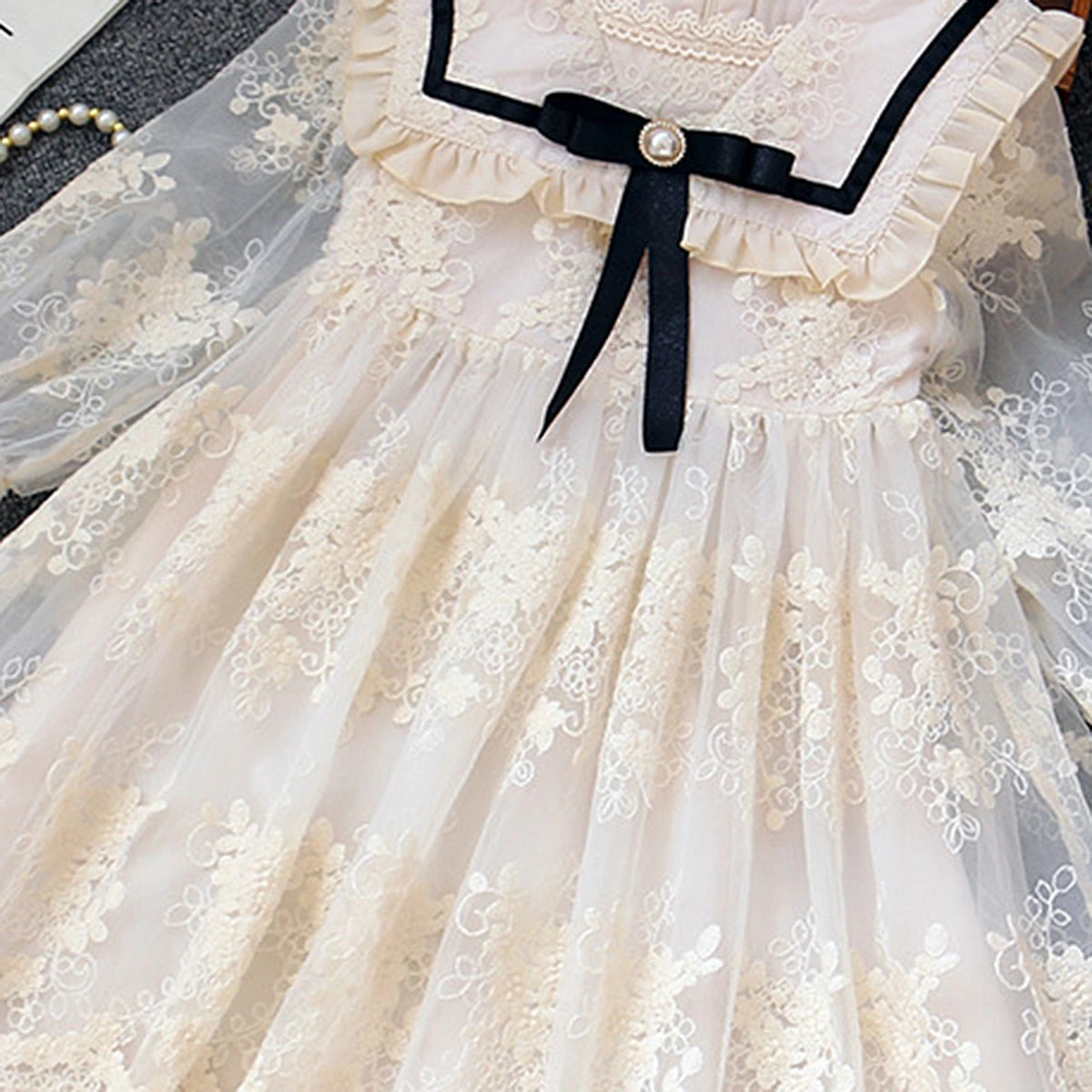 Girls Cream Floral Lace Long Sleeve A-Line Dress Casual Dresses
