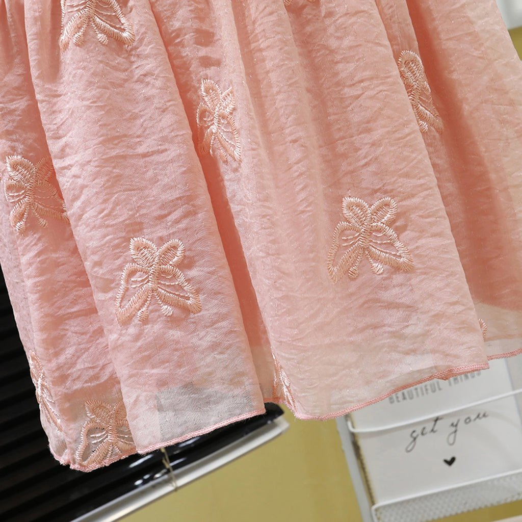 Girls Pink Embroidered Fit & Flare Dress With Puff Sleeves Casual Dresses