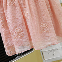 Girls Pink Embroidered Fit & Flare Dress With Puff Sleeves Casual Dresses