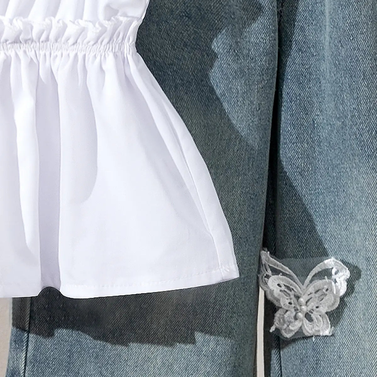 Girls White Sleeveless Peplum Top & Denim Pants With Butterfly Applique Sets Sets