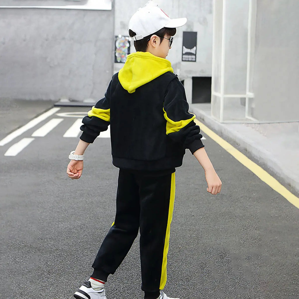 Boys Yellow Typographic Printed Hooded Sweatshirt With Vest & Jogger Sets Sets