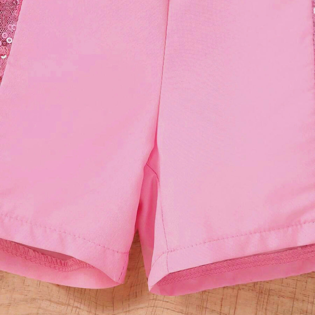 Girls Pink Sequin Bow Applique Top With Ruffled Shorts Sets 2 pc. Sets