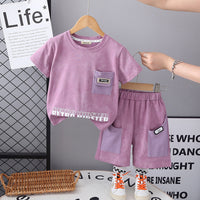 Boys Purple Typographic Printed T-Shirt With Contrast Pockets Shorts Set 2 pc. Sets Purple 2-3 Y