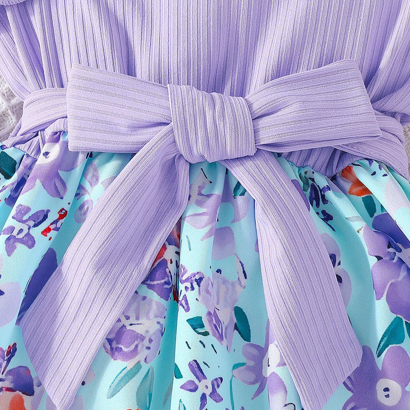 Girls Lavender Floral Print One Shoulder Fit & Flare Dress Casual Dresses