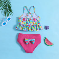 Girls Blue Fruit Printed Peplum Top With Briefs Swimwear Sets Sets