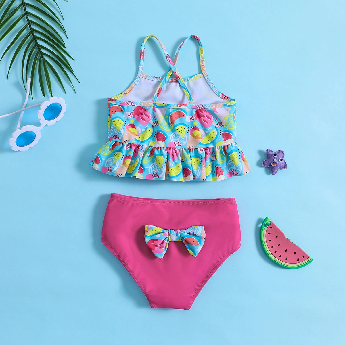 Girls Blue Fruit Printed Peplum Top With Briefs Swimwear Sets Sets