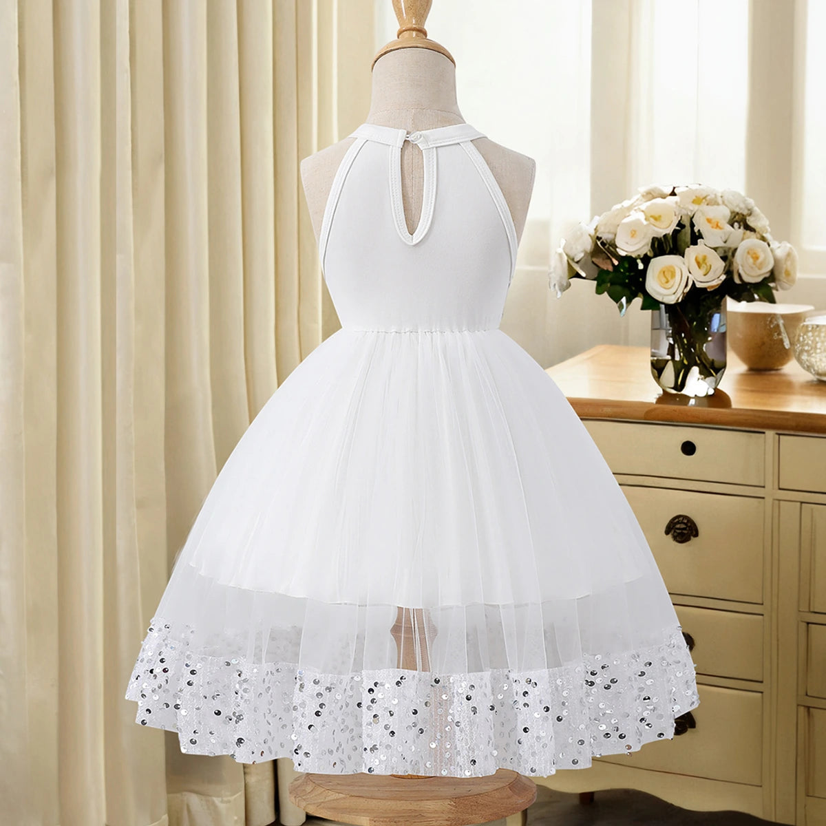 Girls White Sequin Embellished Sleeveless Fit & Flare Dress Casual Dresses