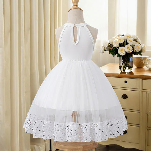 Girls White Sequin Embellished Sleeveless Fit & Flare Dress Casual Dresses