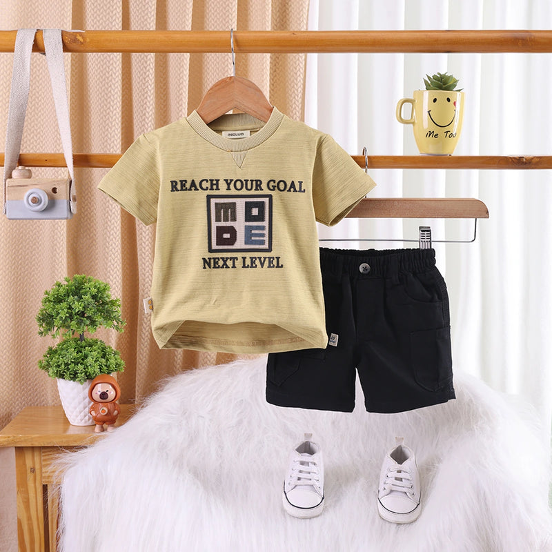 Boys Mustard Reach Your Goal Printed T-Shirt With Shorts Sets 2 pc. Sets Mustard 3-6 M