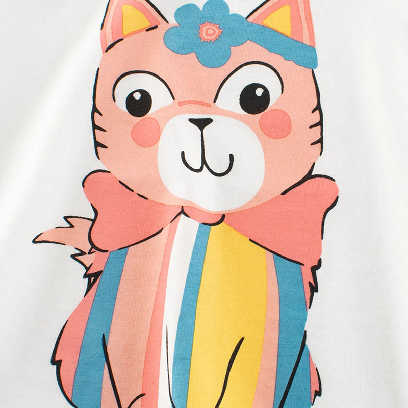 Girls White Cat Graphic Short Sleeve T-Shirt Tshirts