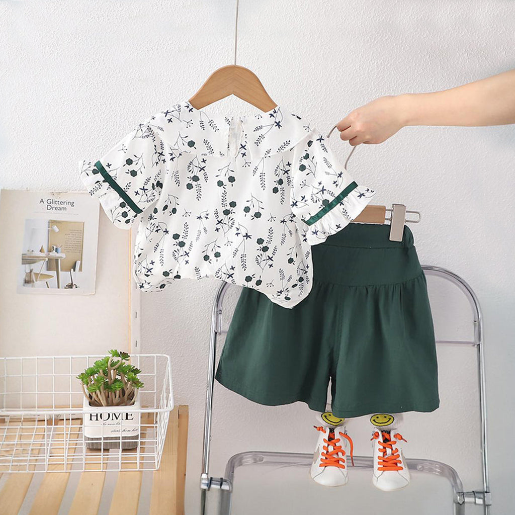 Girls Floral Print Peter Pan Collar Top With Shorts 2 pc. Sets Green 1-2 Y