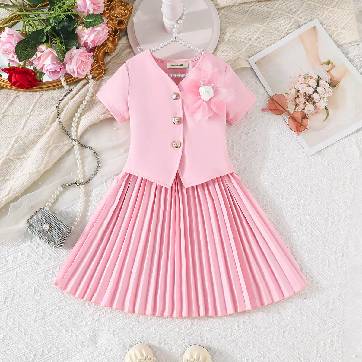 Girls Pink Flower Applique Short Sleeves Top With Pleated Skirts Co-ord Sets Sets Pink 2-3 Y