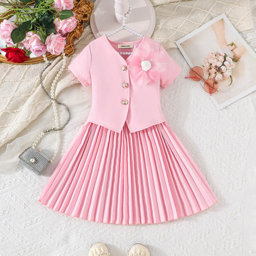 Girls Pink Flower Applique Short Sleeves Top With Pleated Skirts Co-ord Sets Sets Pink 2-3 Y