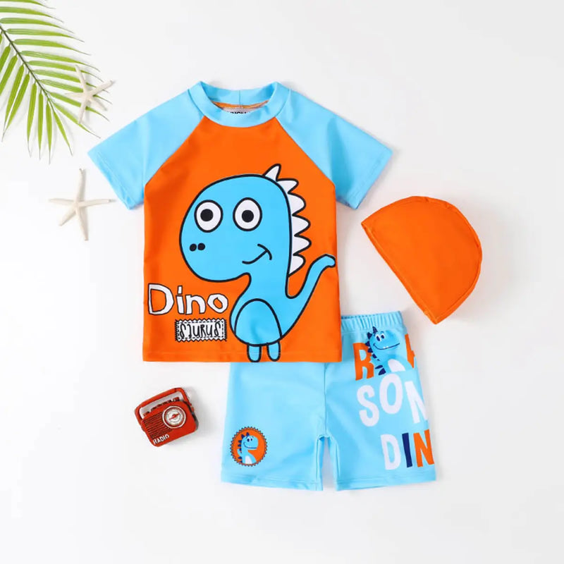 Boys Orange Dinosaur Print T-Shirt With Shorts & Swim Cap Swimwear Sets Beachwear Orange 3-4 Y