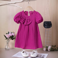 Girls Magenta Stripes A-line Dress With Puff Sleeves Casual Dresses Magenta 1-2 Y