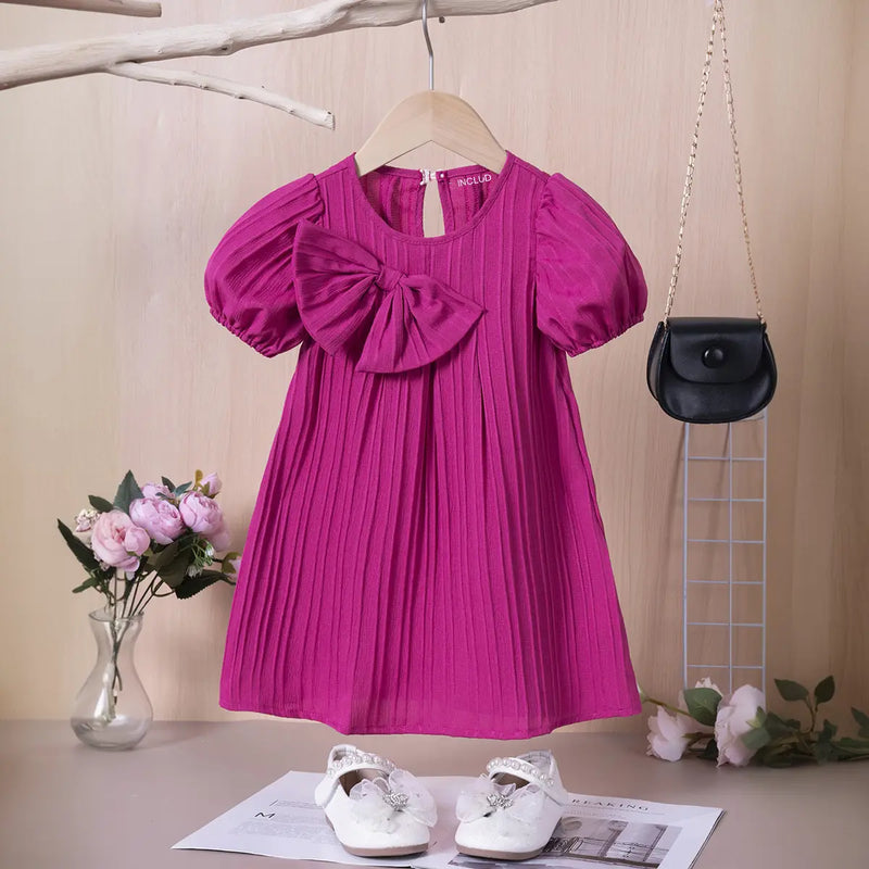 Girls Magenta Stripes A-line Dress With Puff Sleeves Casual Dresses Magenta 1-2 Y