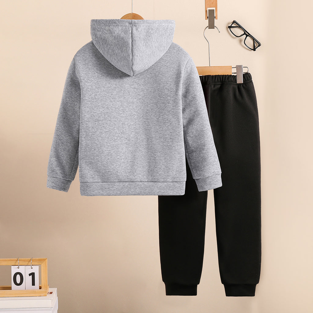 Boys Grey Melange Spooky Printed Hooded Sweatshirt with Joggers Set Sets