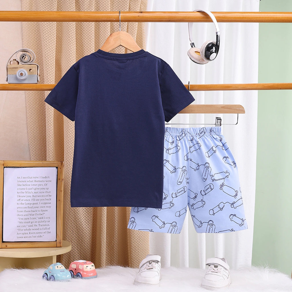 Boys Navy Blue Typographic Printed T-Shirt With Elasticated Shorts Sets 2 pc. Sets