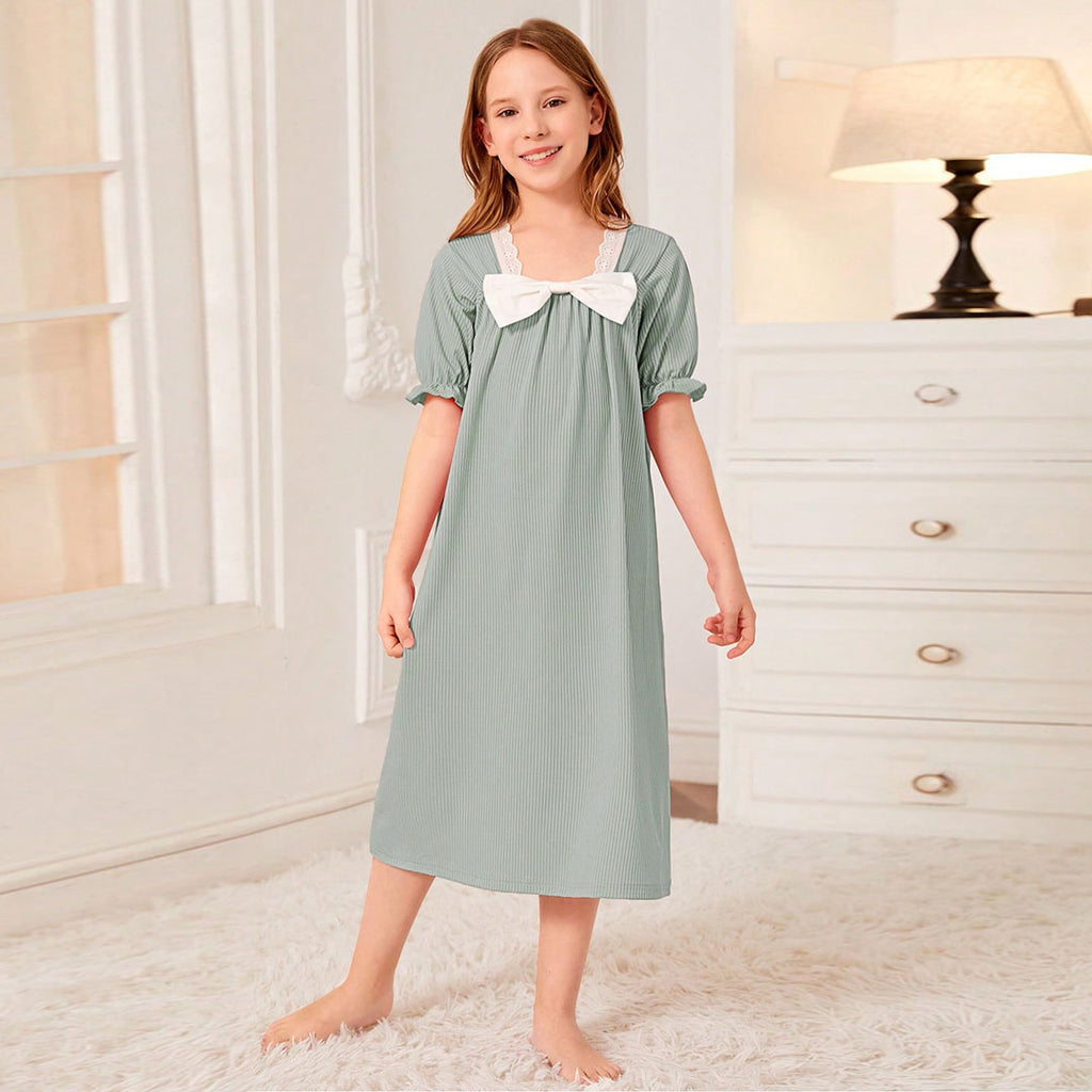 Girls Sea Green Knitted Night Dress with Statement Bow Casual Dresses Sea Green 7-8 Y