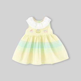 Girls Yellow Checked Bunny Embroidered Sleeveless Fit & Flare Dress Casual Dresses