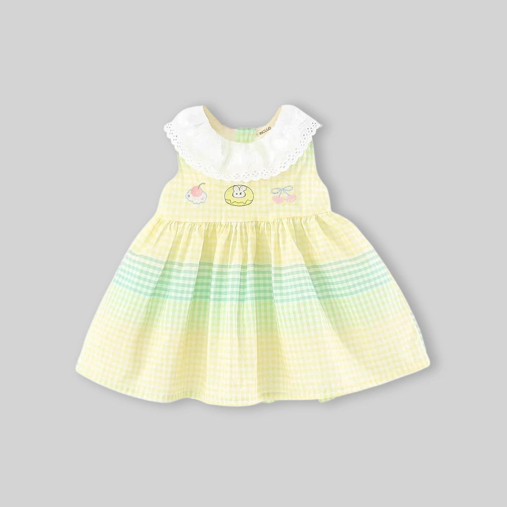 Girls Yellow Checked Bunny Embroidered Sleeveless Fit & Flare Dress Casual Dresses