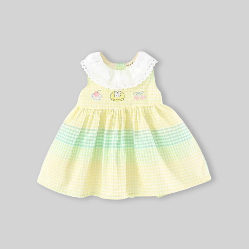 Girls Yellow Checked Bunny Embroidered Sleeveless Fit & Flare Dress Casual Dresses