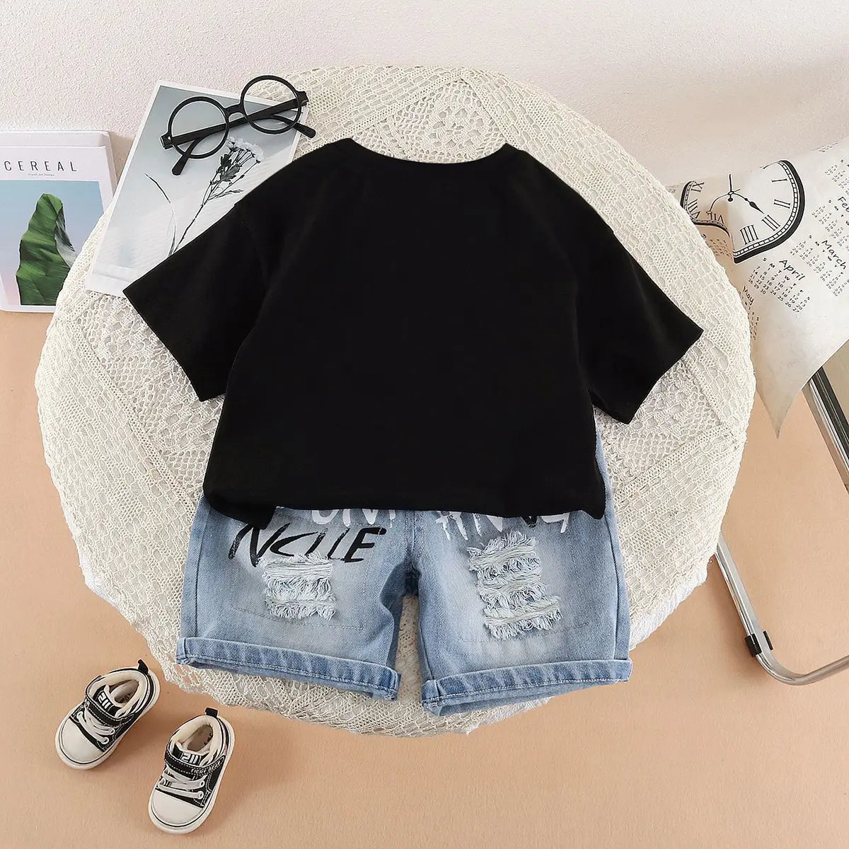 Boys Black Cap Graphic Short Sleeve T-Shirt With Distressed Denim Shorts Sets 2 pc. Sets
