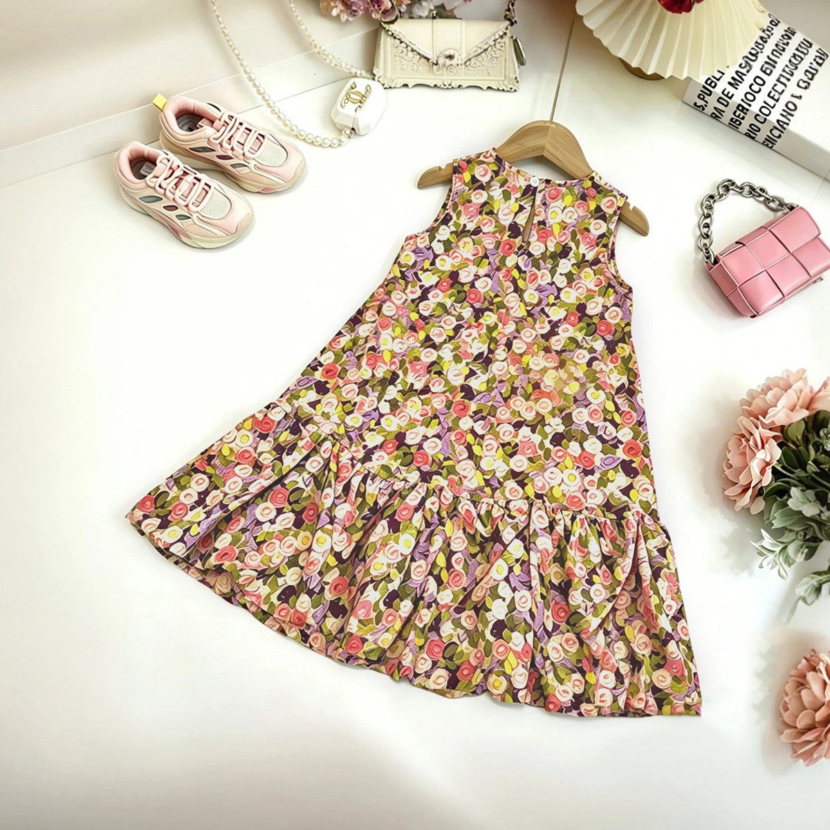 Girls Multicolor Floral Printed Sleeveless Balloon Dress Casual Dresses
