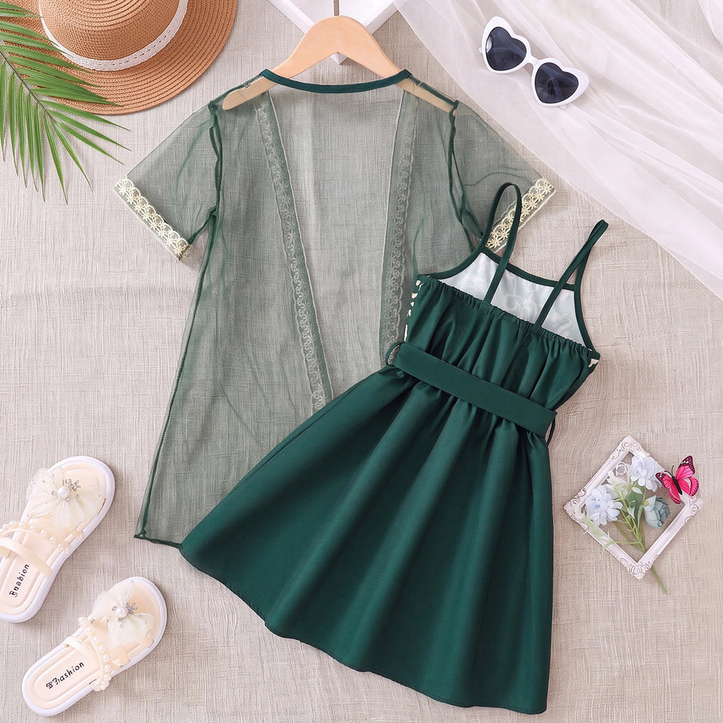 Girls Dark Green Floral Print Sleeveless Fit & Flare Dress With Shrug Casual Dresses