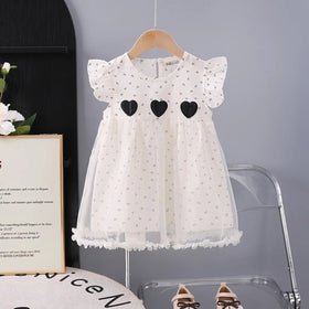 Girls Black Heart Applique A-Line Dress With Floral Print Tulle Overlay Casual Dresses Black 1-2 Y
