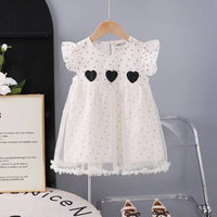 Girls Black Heart Applique A-Line Dress With Floral Print Tulle Overlay Casual Dresses Black 1-2 Y