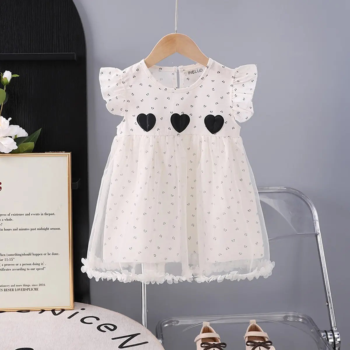 Girls Black Heart Applique A-Line Dress With Floral Print Tulle Overlay Casual Dresses Black 1-2 Y