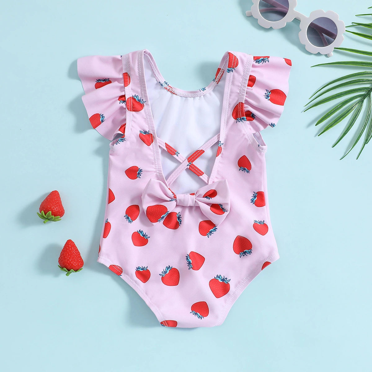 Girls Pink Strawberry Print Swimwear Bodysuit Beachwear