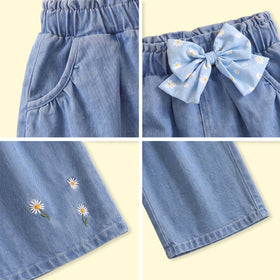 Girls Blue Floral Embroidered Relaxed Fit Denim Pants Pants