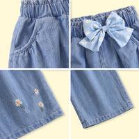 Girls Blue Floral Embroidered Relaxed Fit Denim Pants Pants