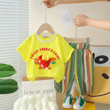 Boys Yellow Printed Short Sleeves T-Shirt With Striped Bermudas Set