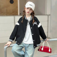 Girls Black Bow Printed Varsity Jacket Coats & Jackets